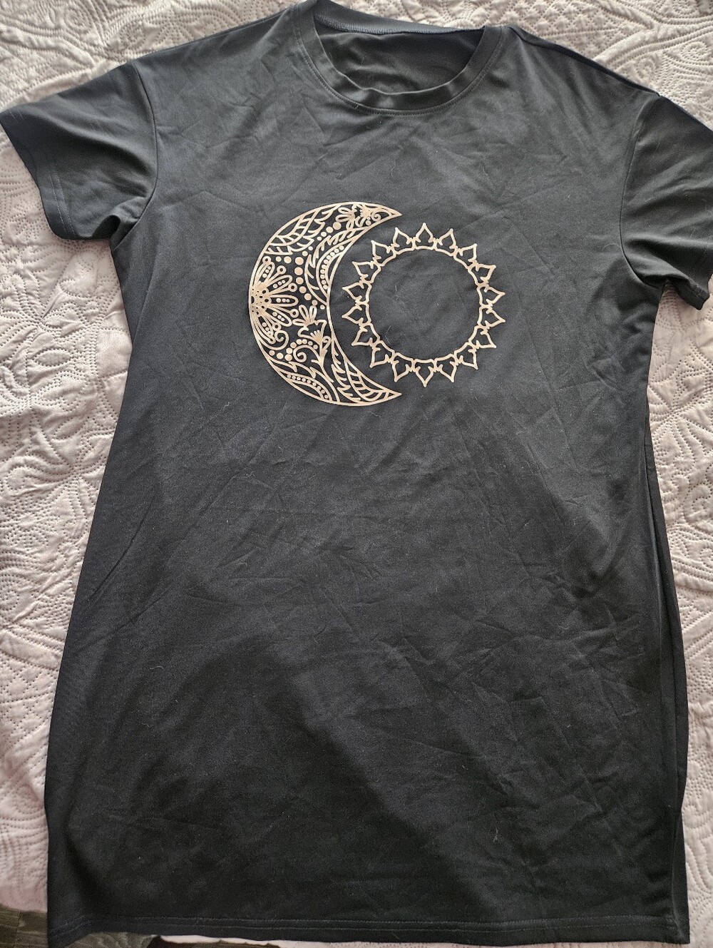 Rose Gold Celestial Mandala Moon Sun Black Graphic T-Shirt Dress - Size L